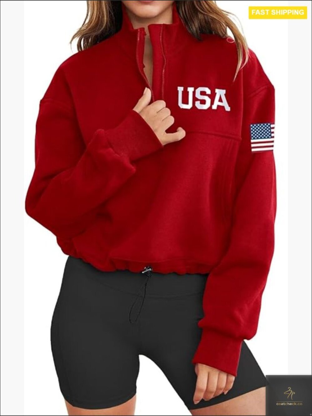 Oversized Half Zip Sweatshirt Long Sleeve Pullover Graphic Flag Print USA